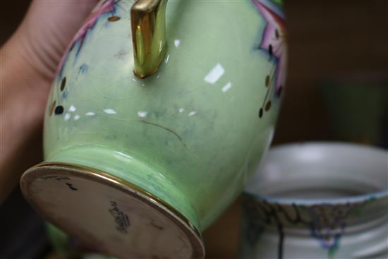 A group of Carlton Ware 1930s lime green ground pottery comprising six vases, a dish and a jug tallest 18cm